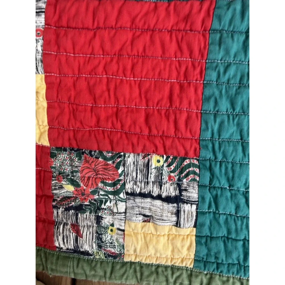 Vintage Handmade Patchwork Yellow Brick Road Pattern Quilt 77x68 Red Green